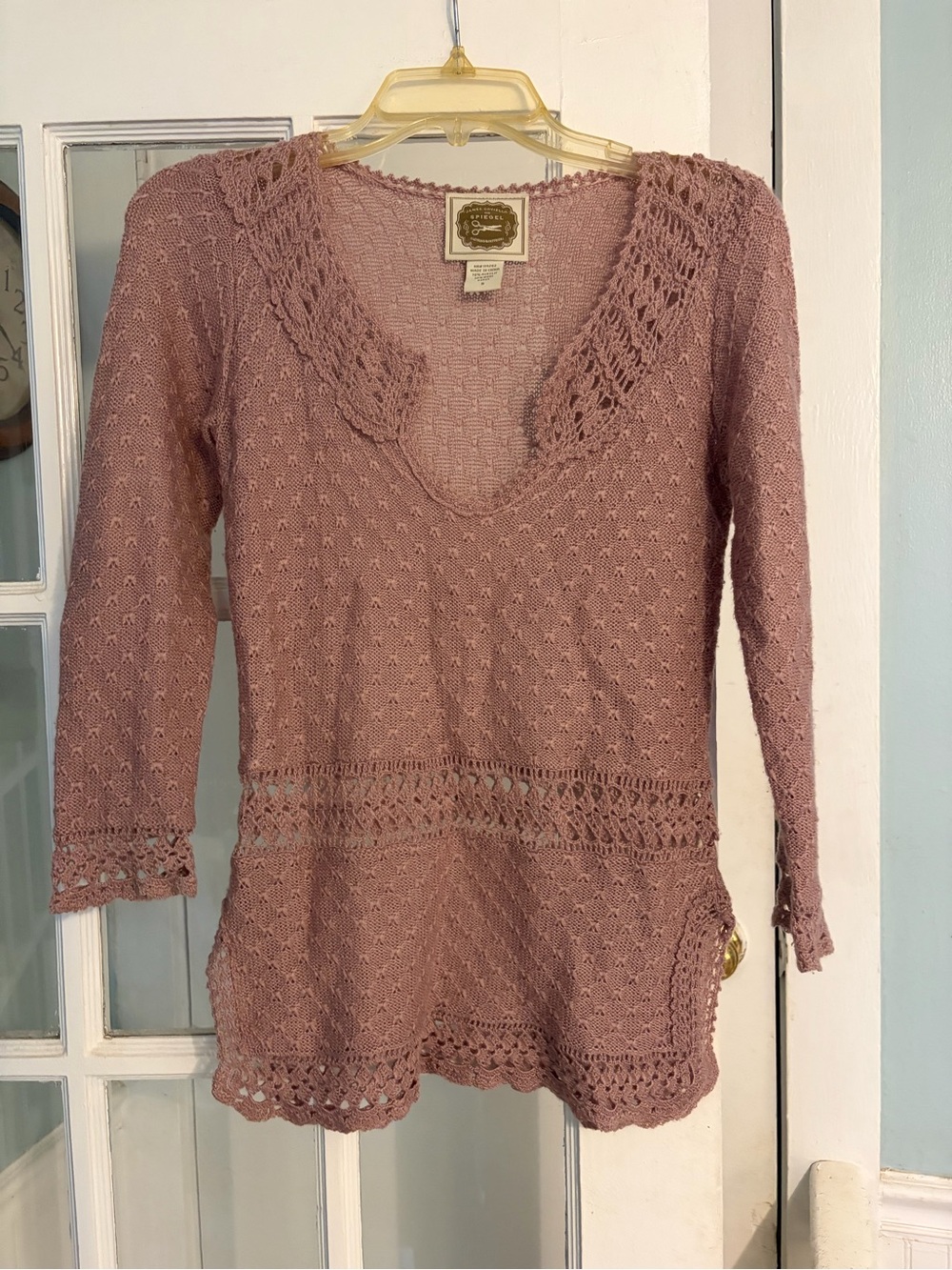 Y2K Spiegel Knit Top in Light Dusty Pink with Crochet Trim